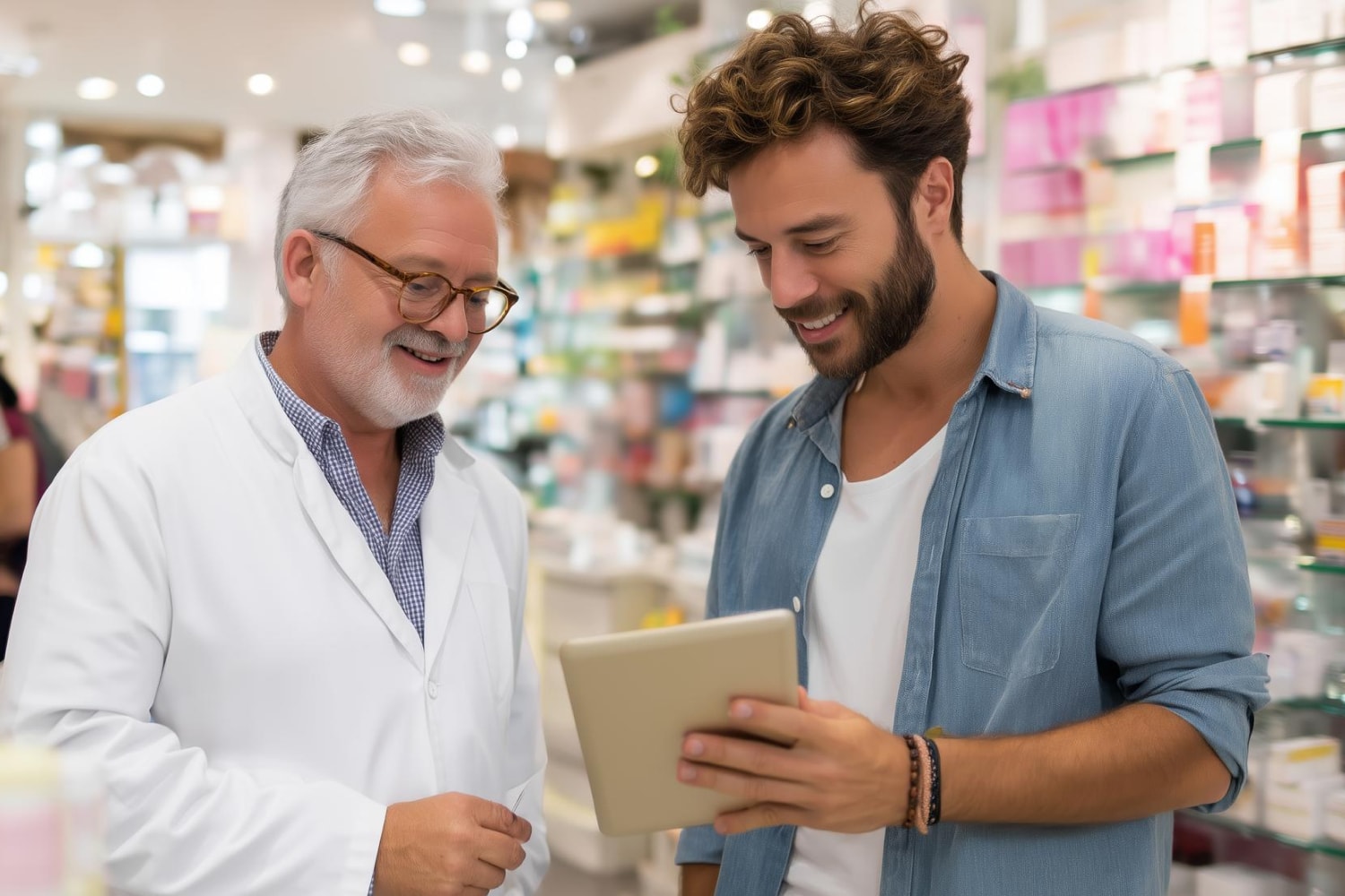 Un délégué pharmaceutique montre son catalogue
